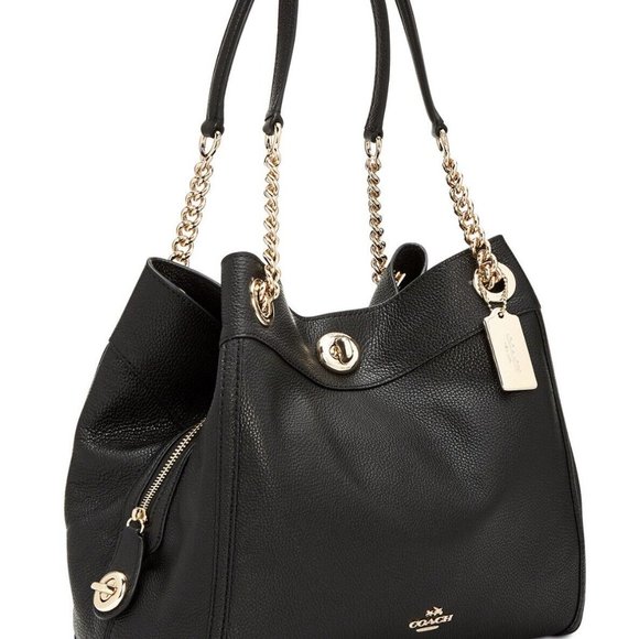 Coach Handbags - NWT Coach 36855 Turnlock Edie Pebble Leather Shoulder Bag Beachwood Black & Gold